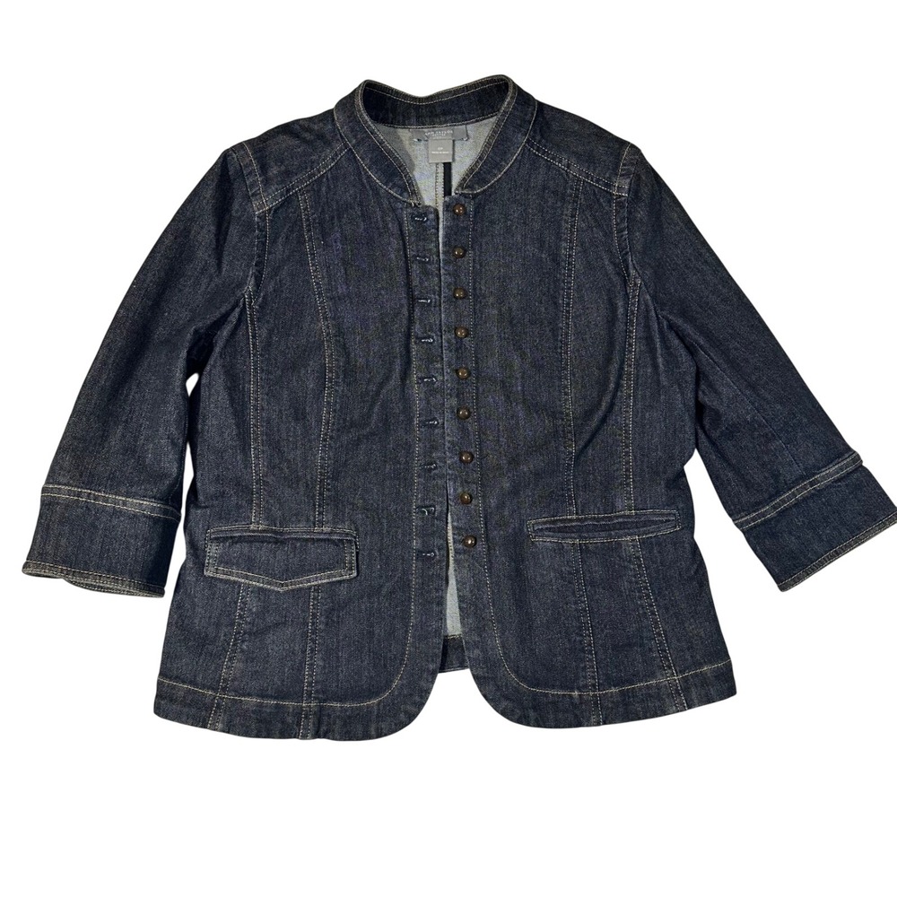 Ann Taylor Petites Dark Wash Denim Jacket Mandarin Collar Button Front Size 12P